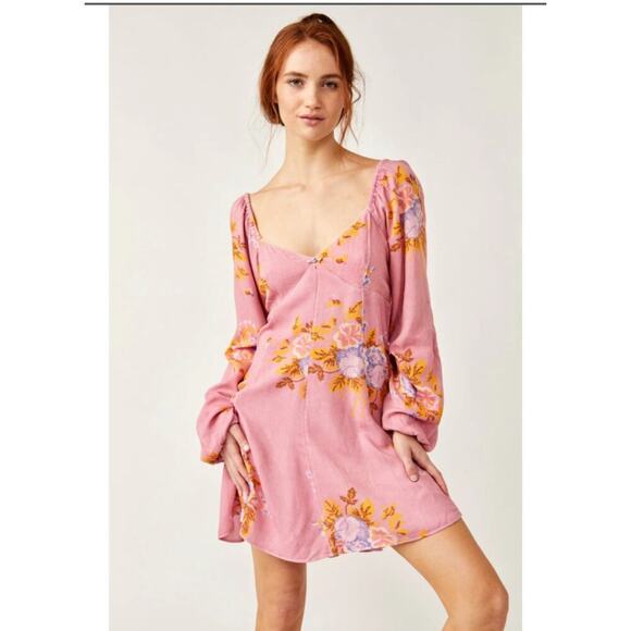 NWT Free People Adella Floral Mini Dress Pink Rose M Boho Cottagecore $128 - Picture 1 of 11